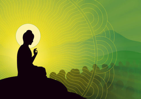 Animated Silhouetted Buddhist Mediating image with green mountains in the background Image